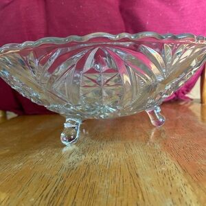 Vintage Saw Tooth lead crystal cut glass 3-footed bowl